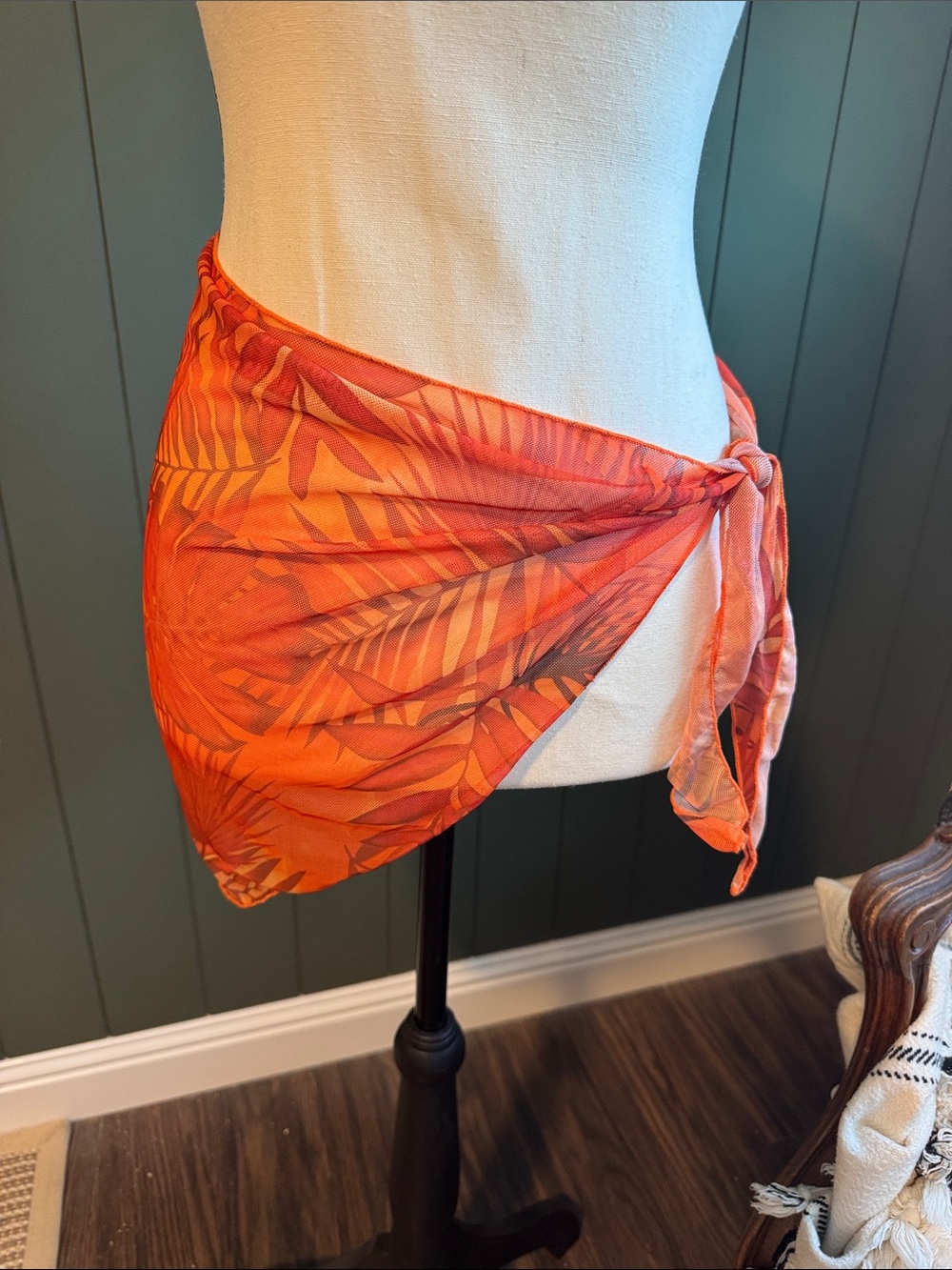Women's Orange Tropical Leaf Sarong Cover-Up